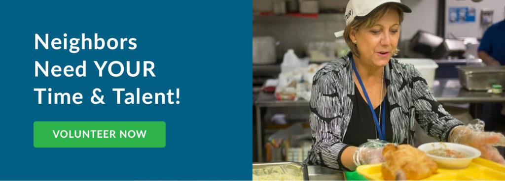 This is Barbara Packard, a fellow volunteer serving dinner for for guests in need. The banner on the right is urgin you to sign up for volunteering, like Barbara.