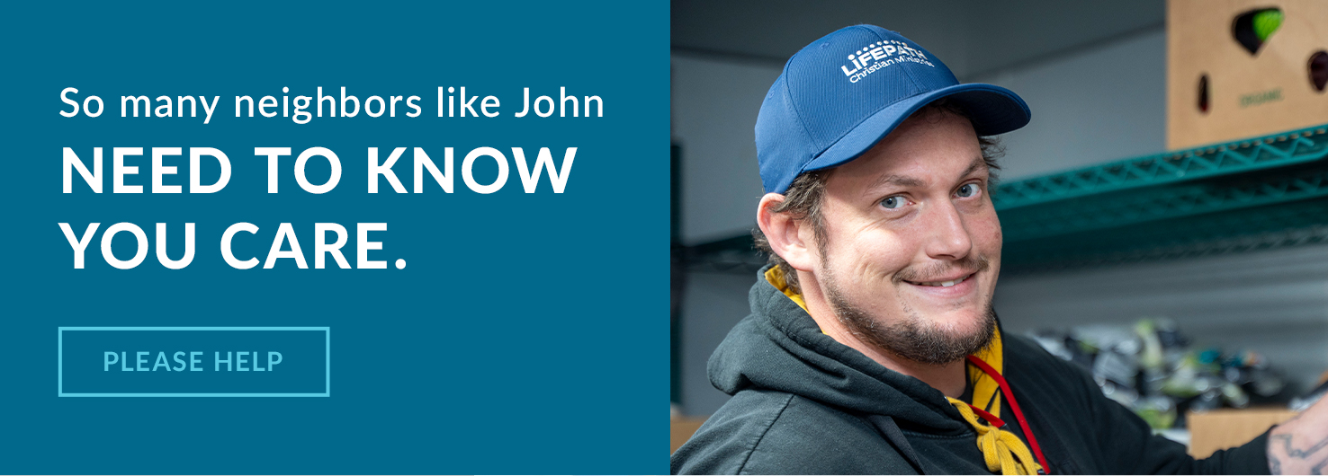 Image of John to the right and a blue container with the following on the right. It reads:  So many neighbors like John need to know you care.
The button below the text states: PLEASE HELP.
